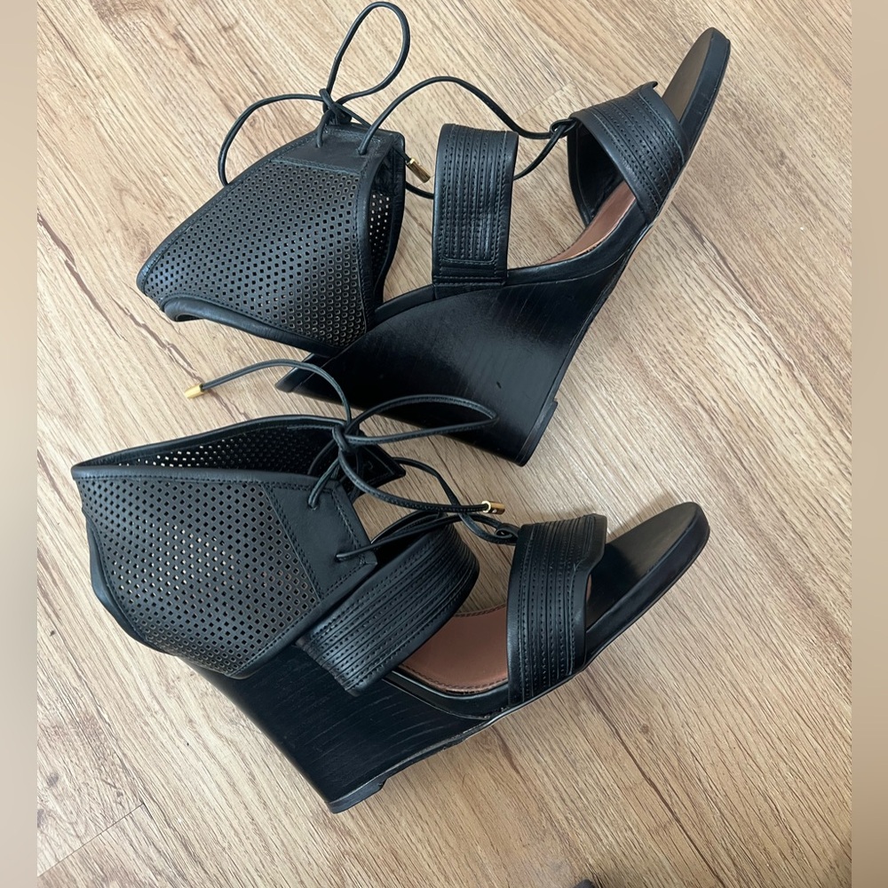 Derek Lam Black Leather Wedge Heels | Lace-Up Ankle Sandals | Perforated Leather